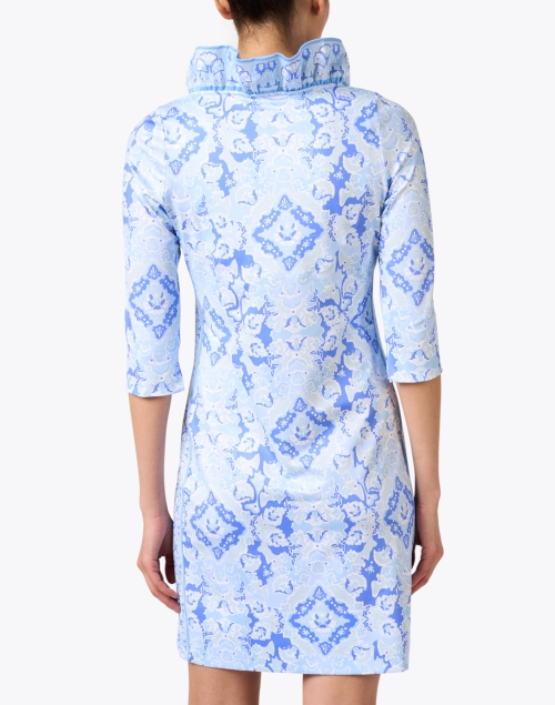 Back image - Gretchen Scott - Blue Print Ruffle Neck Dress
