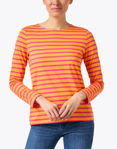 Front image - Saint James - Minquidame Orange and Pink Striped Cotton Top
