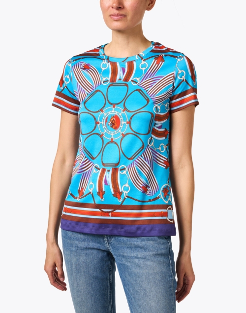 Front image - Rani Arabella - Turquoise Stirrup Print Cotton T-Shirt