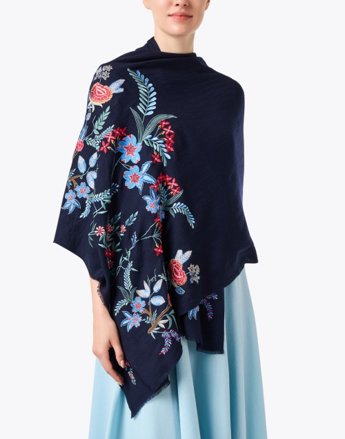 Front image - Janavi - Navy Floral Embroidered Wool Scarf