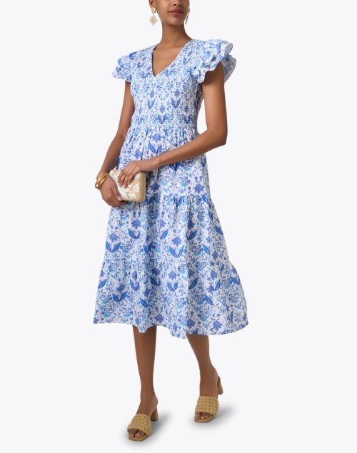 Blue and White Print Smocked Cotton Dress