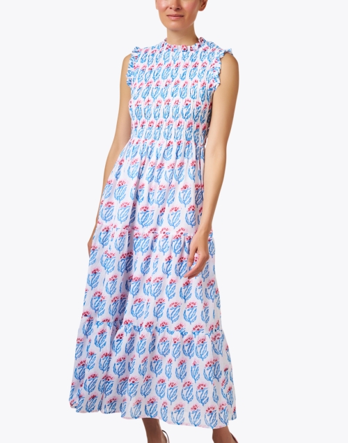 Front image - Oliphant - Blue and White Print Smocked Dress