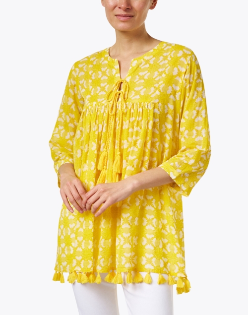 Front image - Ro's Garden - Seychelles Yellow Print Cotton Tunic Top