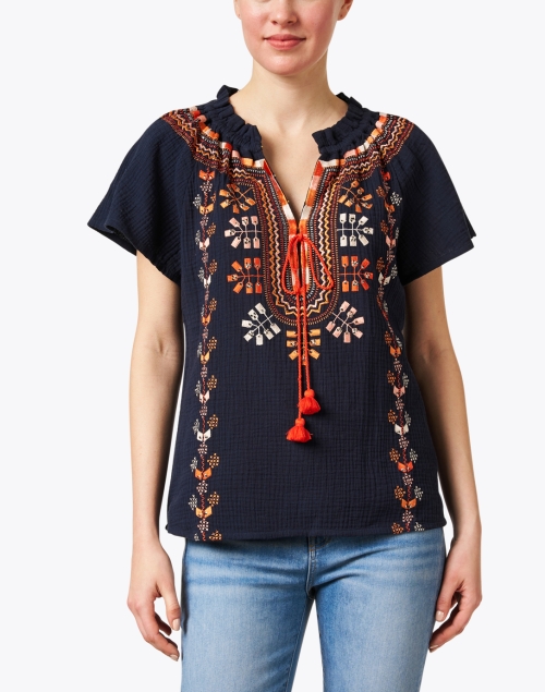 Front image - Figue - Rose Navy Embroidered Cotton Top