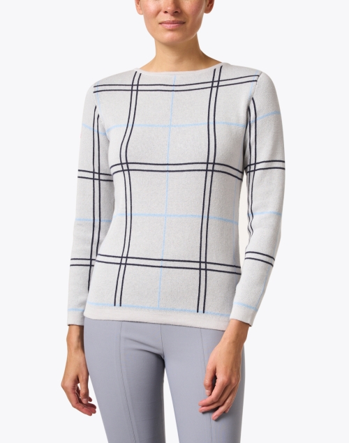 Front image - Blue - Grey Plaid Intarsia Cotton Sweater