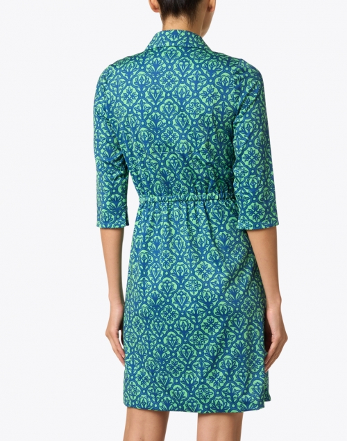 Back image - Gretchen Scott - Green and Navy Geometric Twist Front Dress