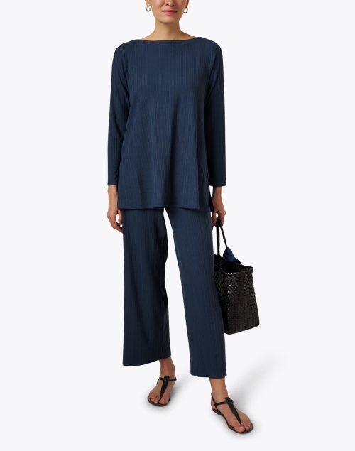 Blue Ribbed Wide Leg Ankle Pant