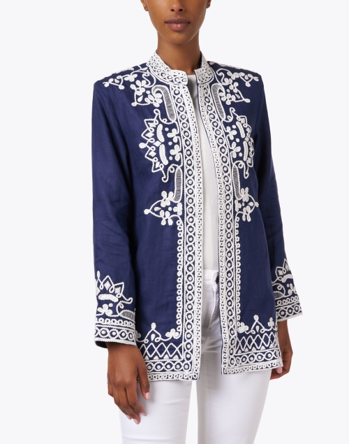 Front image - Bella Tu - Ceci Navy Embroidered Linen Jacket