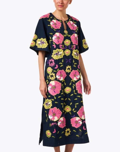 Front image - Frances Valentine - Dreamy Navy Multi Print Cotton Linen Kaftan