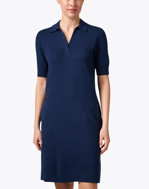 Front image - Kinross - Navy Cotton Cashmere Polo Dress