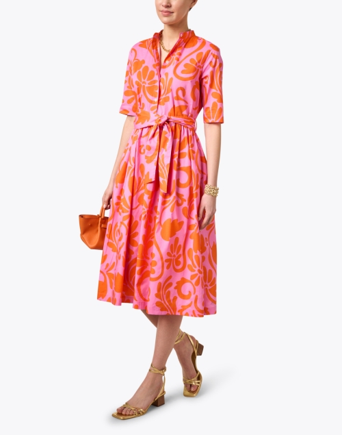 Pink and Orange Print Cotton Shirt Dress