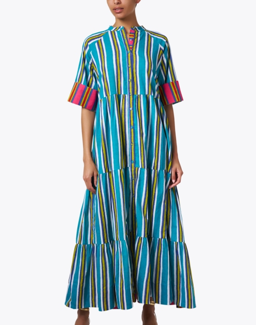 Front image - Lisa Corti - Rambagh Turquoise Multi Stripe Cotton Dress