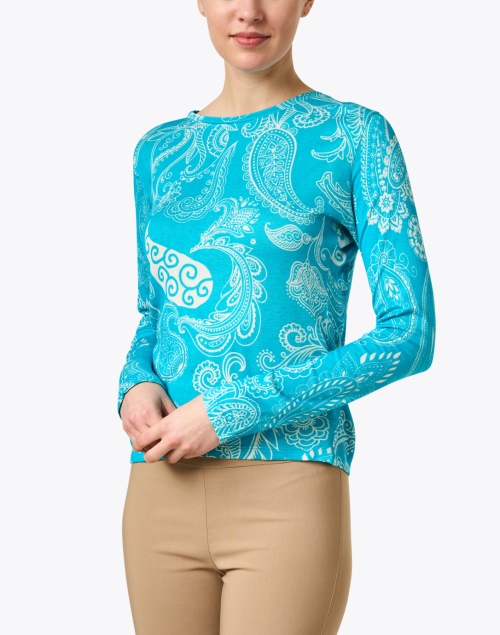 Front image - Pashma - Turquoise Paisley Print Cashmere Silk Sweater