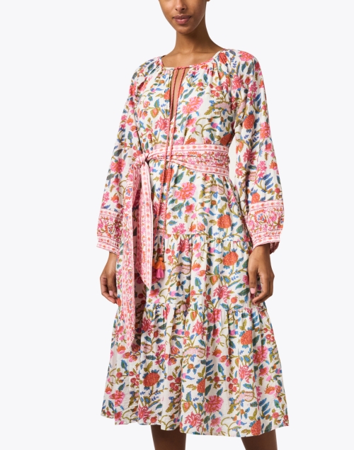 Front image - Pomegranate - White and Pink Floral Print Cotton Dress