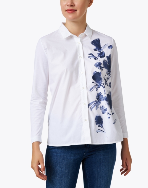 Front image - WHY CI - White and Navy Floral Print Cotton Shirt