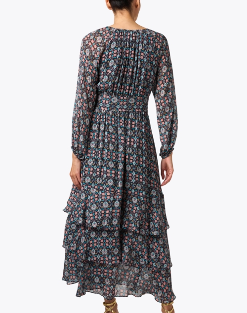 Back image - Figue - Frederica Navy Multi Print Silk Dress 