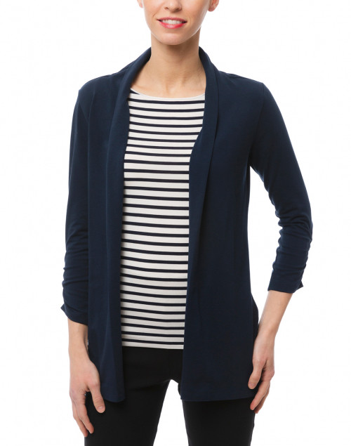 Front image - E.L.I. - Navy Ruched Sleeve Cotton Cardigan