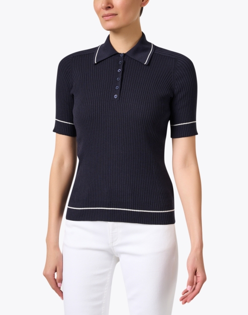 Front image - Lafayette 148 New York - Navy Rib Knit Polo Top