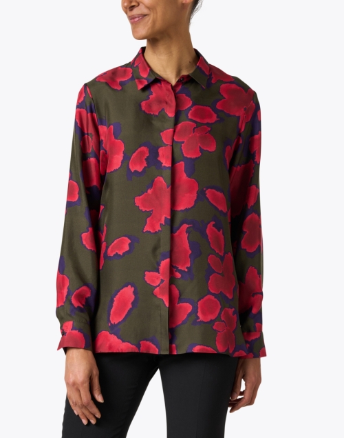 Front image - Rosso35 - Green and Red Floral Print Silk Blouse