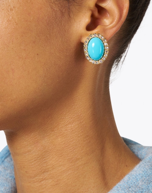 Turquoise Gold and Crystal Oval Clip Earrings