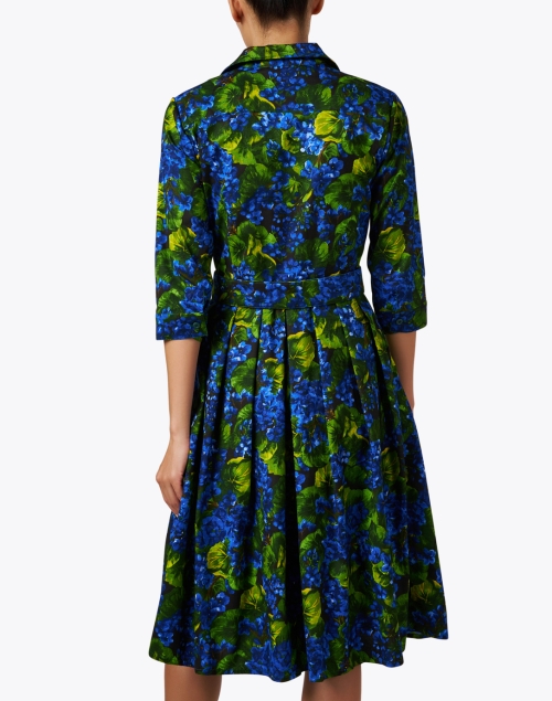 Back image - Samantha Sung - Audrey Blue and Green Floral Print Stretch Cotton Dress