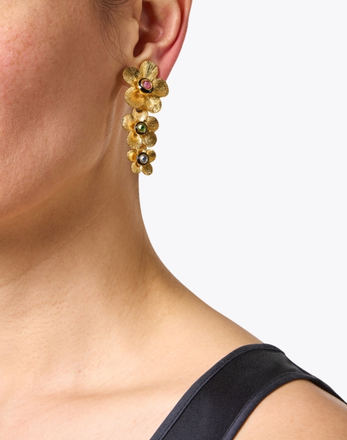 Gold Multi Stone Flower Drop Earrings