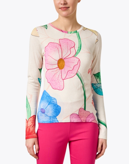 Front image - Pashma - White Multi Floral Print Cashmere Silk Sweater