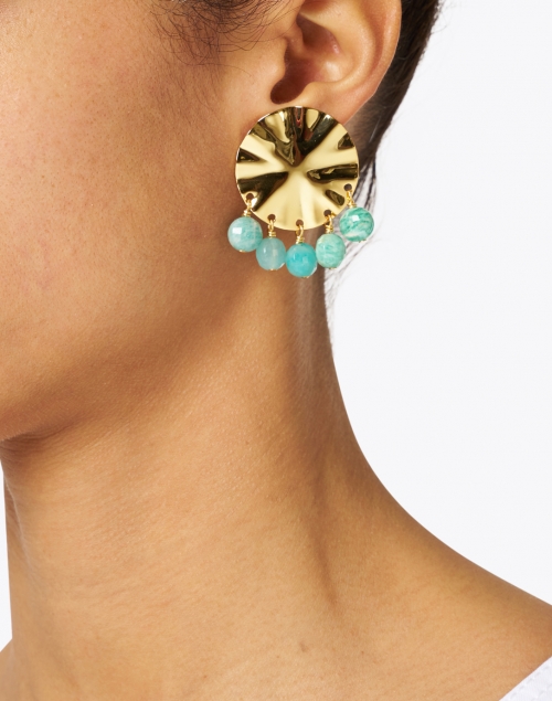 Gold Circular Wave and Amazonite Beads Drop Earrings