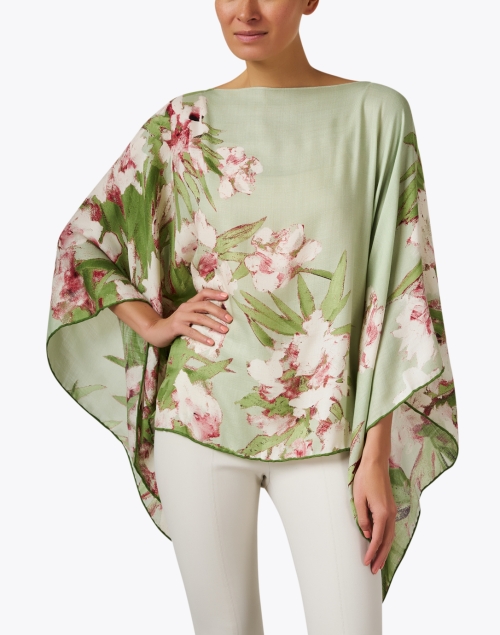 Front image - Rani Arabella - Green Floral Print Cashmere Silk Poncho