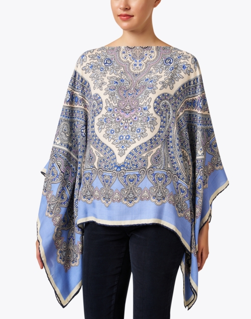 Front image - Rani Arabella - Blue Paisley Print Cashmere Silk Poncho