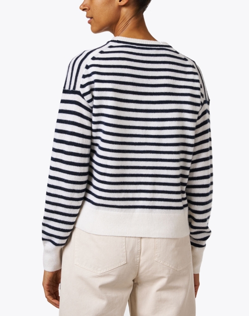 Back image - White + Warren - White and Navy Striped Cashmere Cardigan