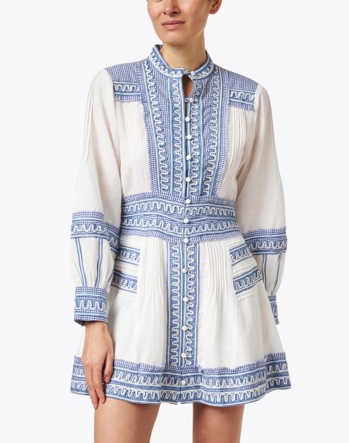 Front image - Veronica Beard - Pasha White and Blue Cotton Linen Dress