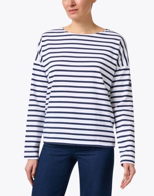 Front image - Saint James - Minq White and Navy Striped Top