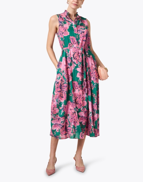Rosette Pink and Green Print Cotton Silk Dress 