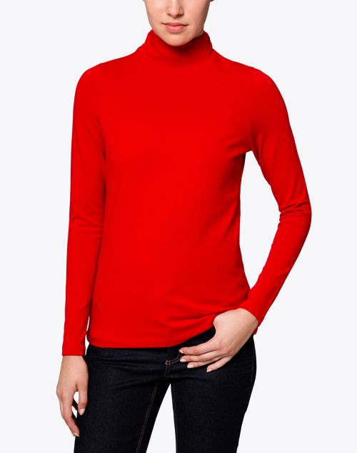 Front image - E.L.I. - Red Cotton Ruched Mock Neck Top