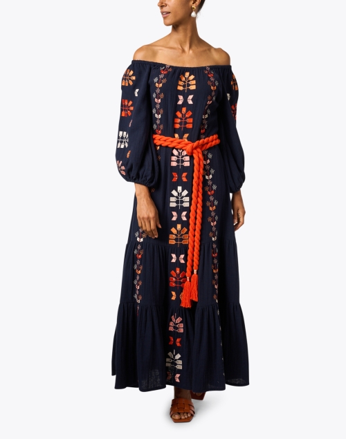 Senna Navy Multi Embroidered Cotton Dress