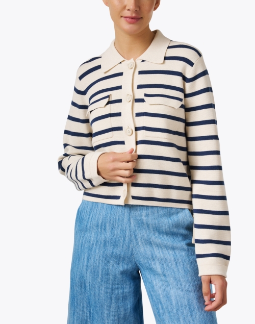 Front image - Repeat Cashmere - Ivory and Navy Striped Cotton Cardigan