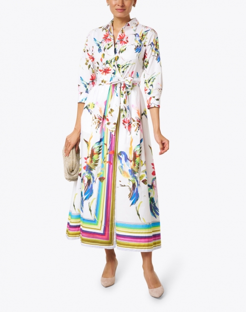 Elenat White Floral and Bird Print with Striped Bottom Cotton Long Shirt Dress