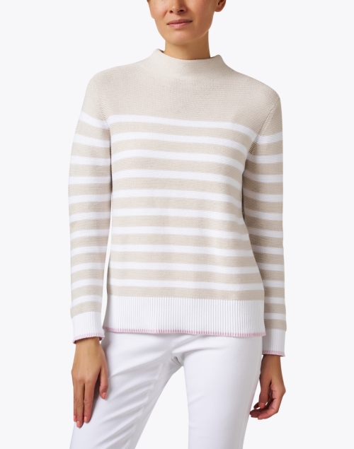 Front image - Kinross - Beige and White Stripe Garter Stitch Cotton Sweater
