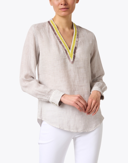 Front image - 120% Lino - Beige Embellished Popover Shirt