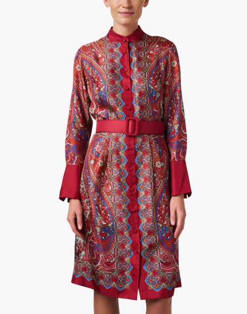 Front image - Rani Arabella - Red Paisley Print Silk Shirt Dress