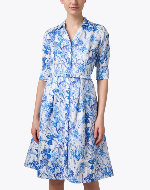 Front image - Rani Arabella - Blue and White Print Cotton Shirt Dress