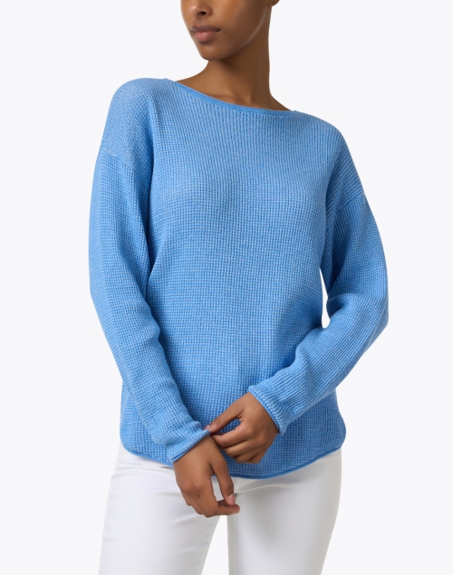 Front image - Margaret O'Leary - Blue Cotton Waffle Top