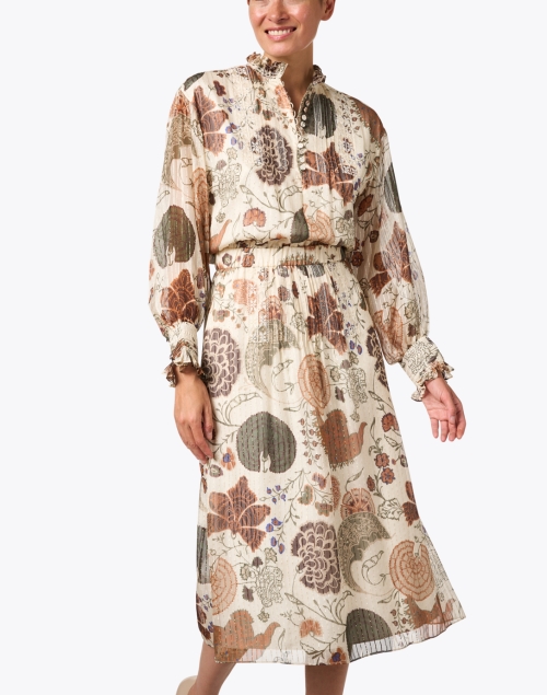 Front image - Lafayette 148 New York - Beige Print Metallic Silk Dress