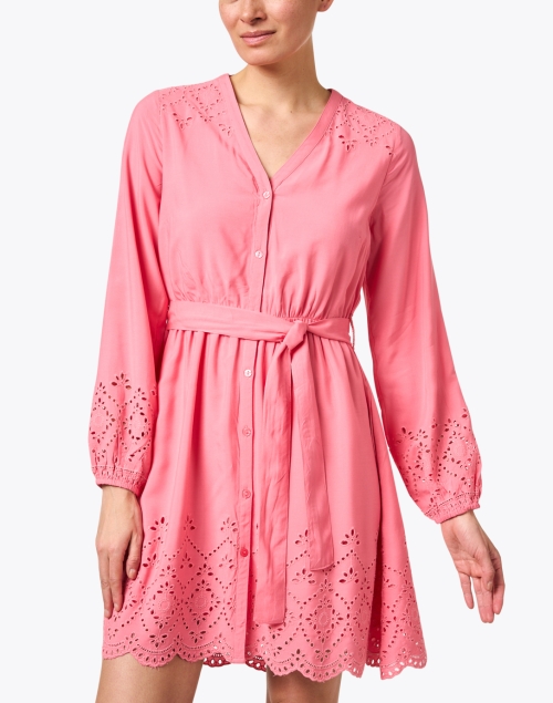 Front image - Ecru - Moss Pink Embroidered Shirt Dress 