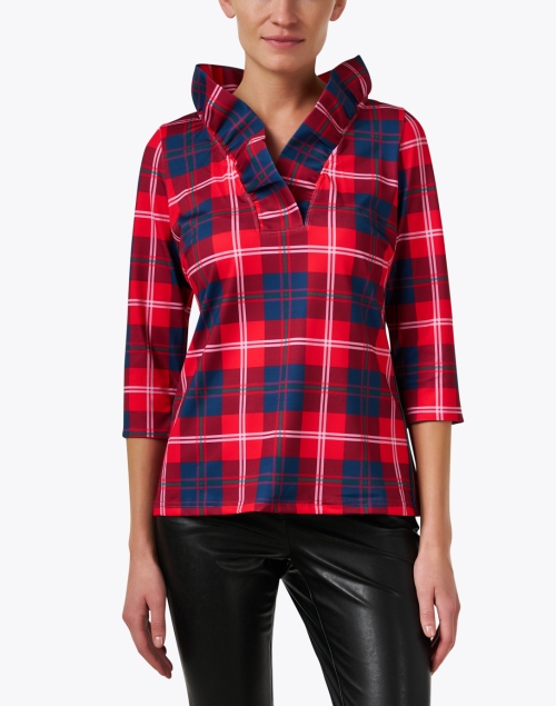 Front image - Gretchen Scott - Red Plaid Ruffle Neck Top