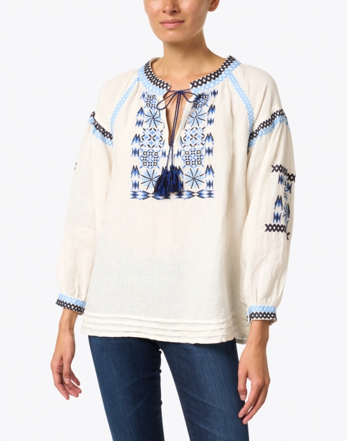 Ro's Garden - Brinn Ivory and Blue Embroidered Cotton Top