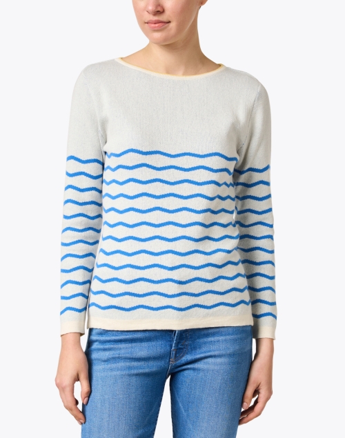 Front image - Blue - Cream Wave Stripe Cotton Sweater