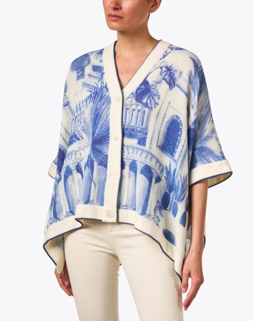 Front image - Rani Arabella - Blue and White Print Cashmere Poncho