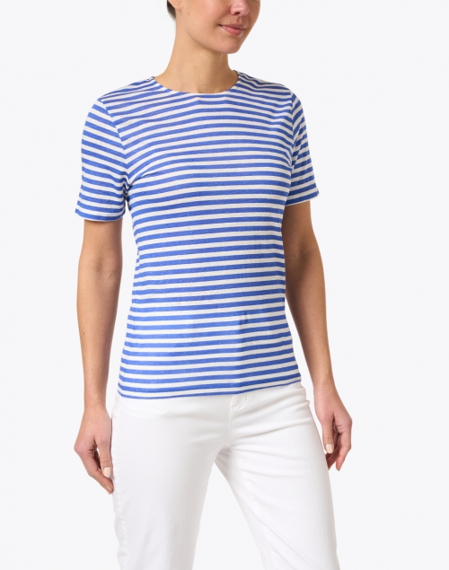 Front image - Majestic Filatures - Blue and White Stripe Stretch Linen Top